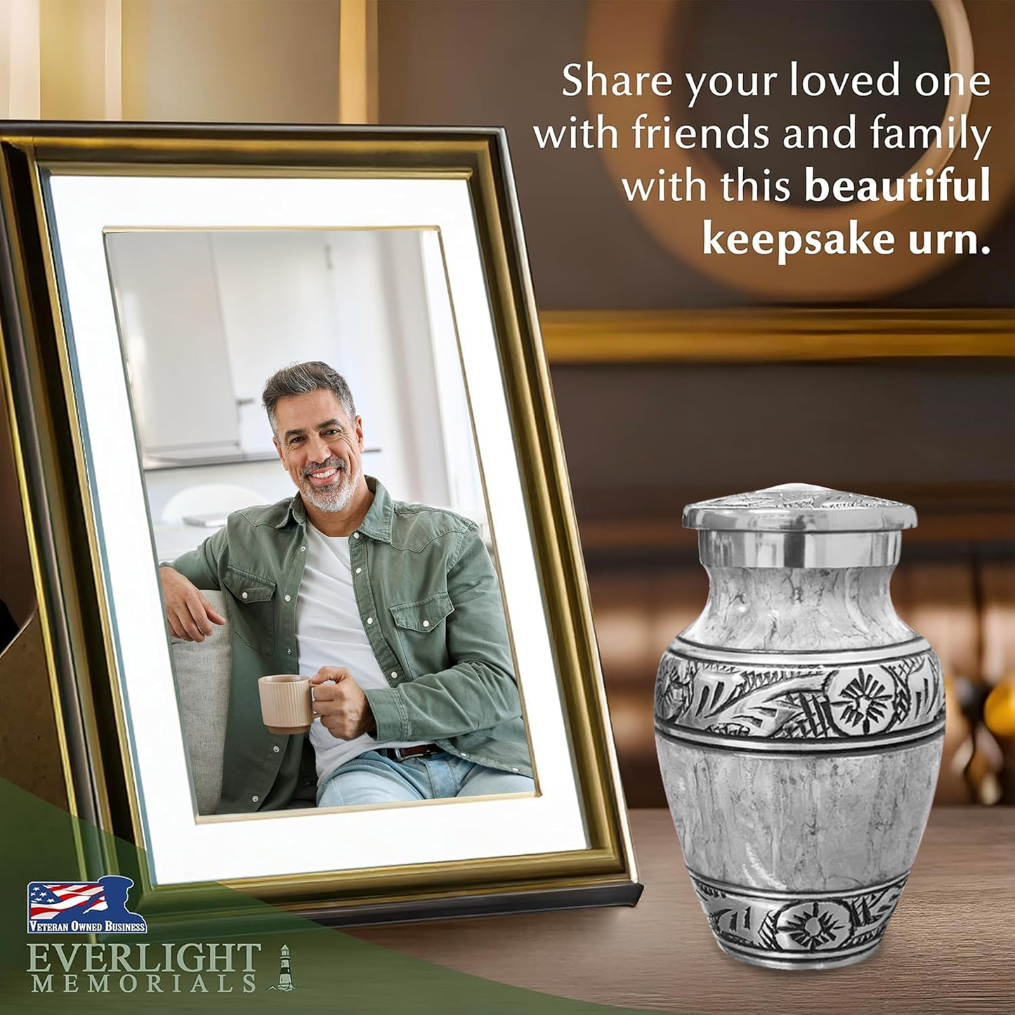 Light gray watercolor keepsake urn beside framed photo of man on memorial table