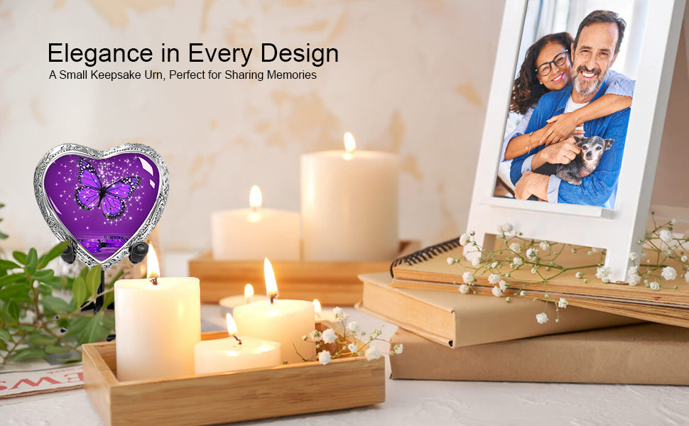 Heart Shaped Small Keepsake Cremation Urns for Human Ashes - Purple Butterfly