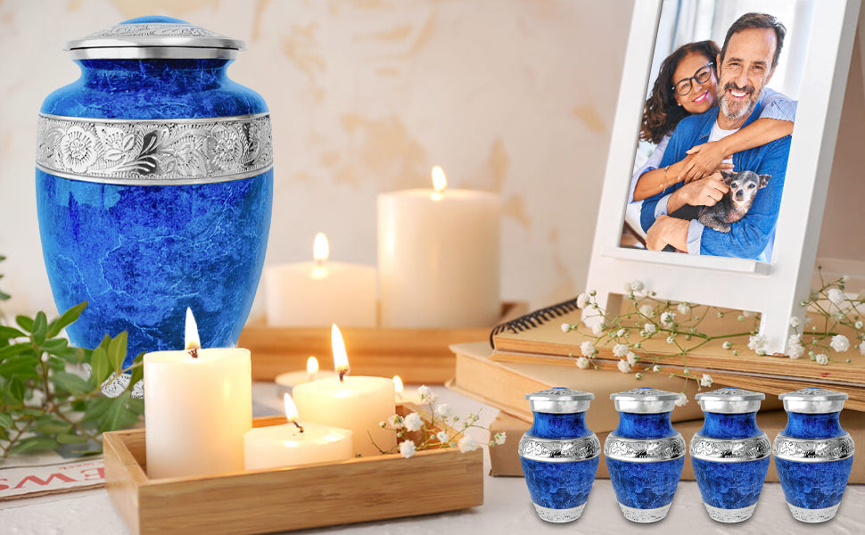 Blue Marble Adult with 4 Keepsakes Cremation Urn for Human Ashes