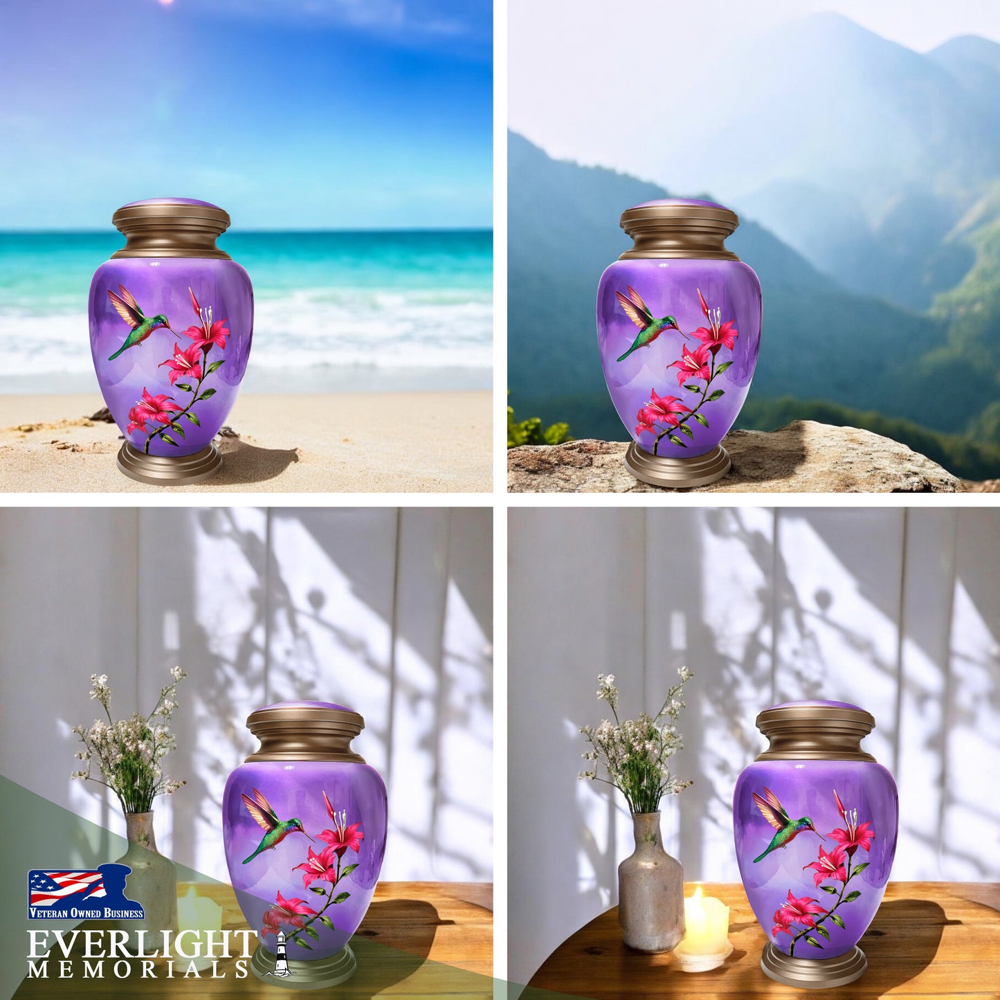 Hummingbird Purple Adult Cremation Urn for Human Ashes, Large w/ Velvet Bag