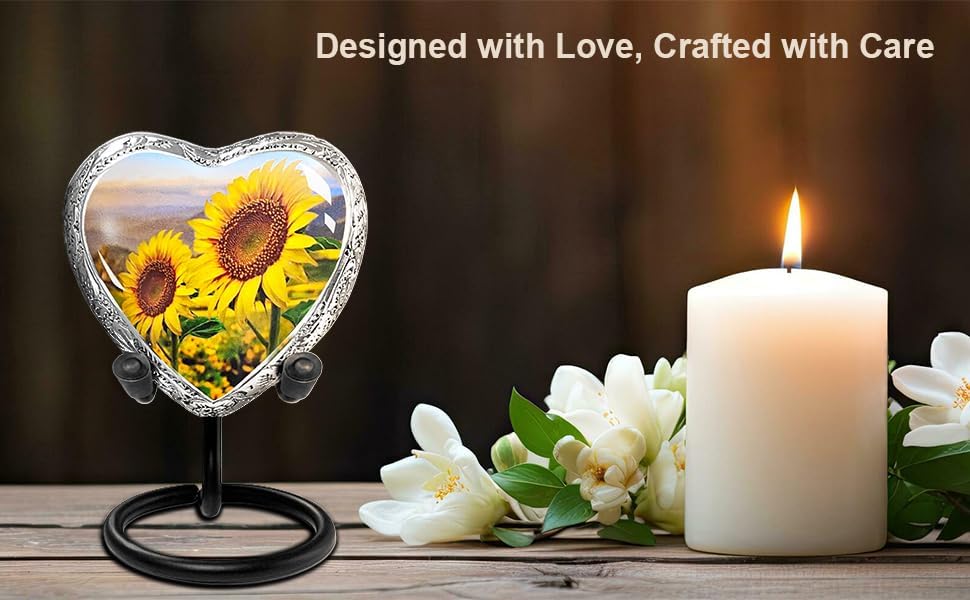 Sunflower Heart Keepsake Urn for Human Ashes – Small Heart-Shaped Memorial Urn with Display Stand