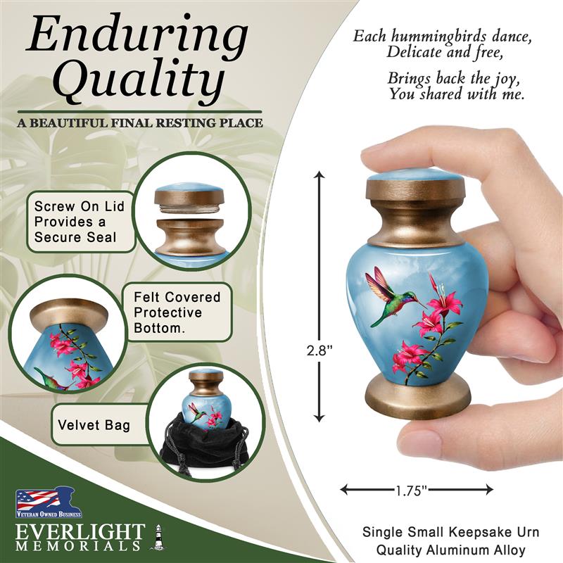 Small Keepsake Urn for Human Ashes - Blue Hummingbird