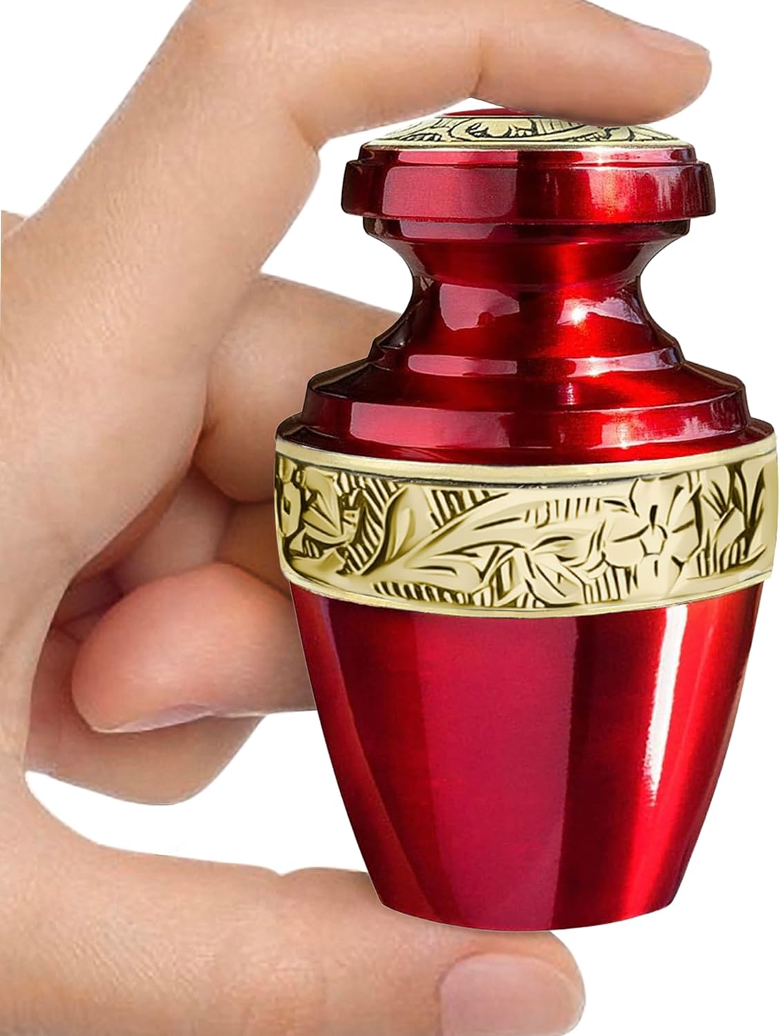 Classic Red Small Keepsake Urn — red aluminum urn with gold banding sitting in black velvet bag