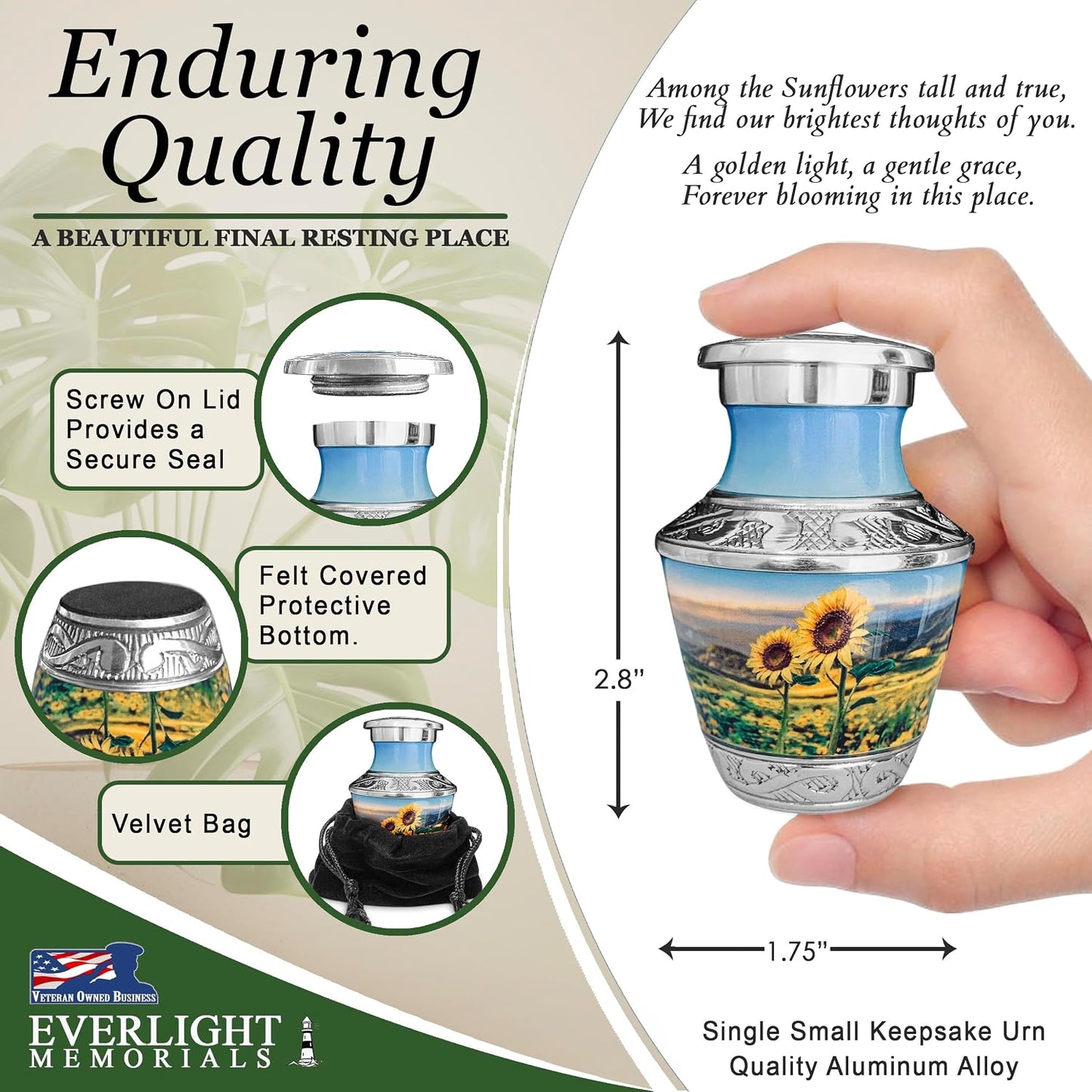 Sunflower Keepsake Urn for Human Ashes – Small Sharing Memorial Urn for Men, Women & Children
