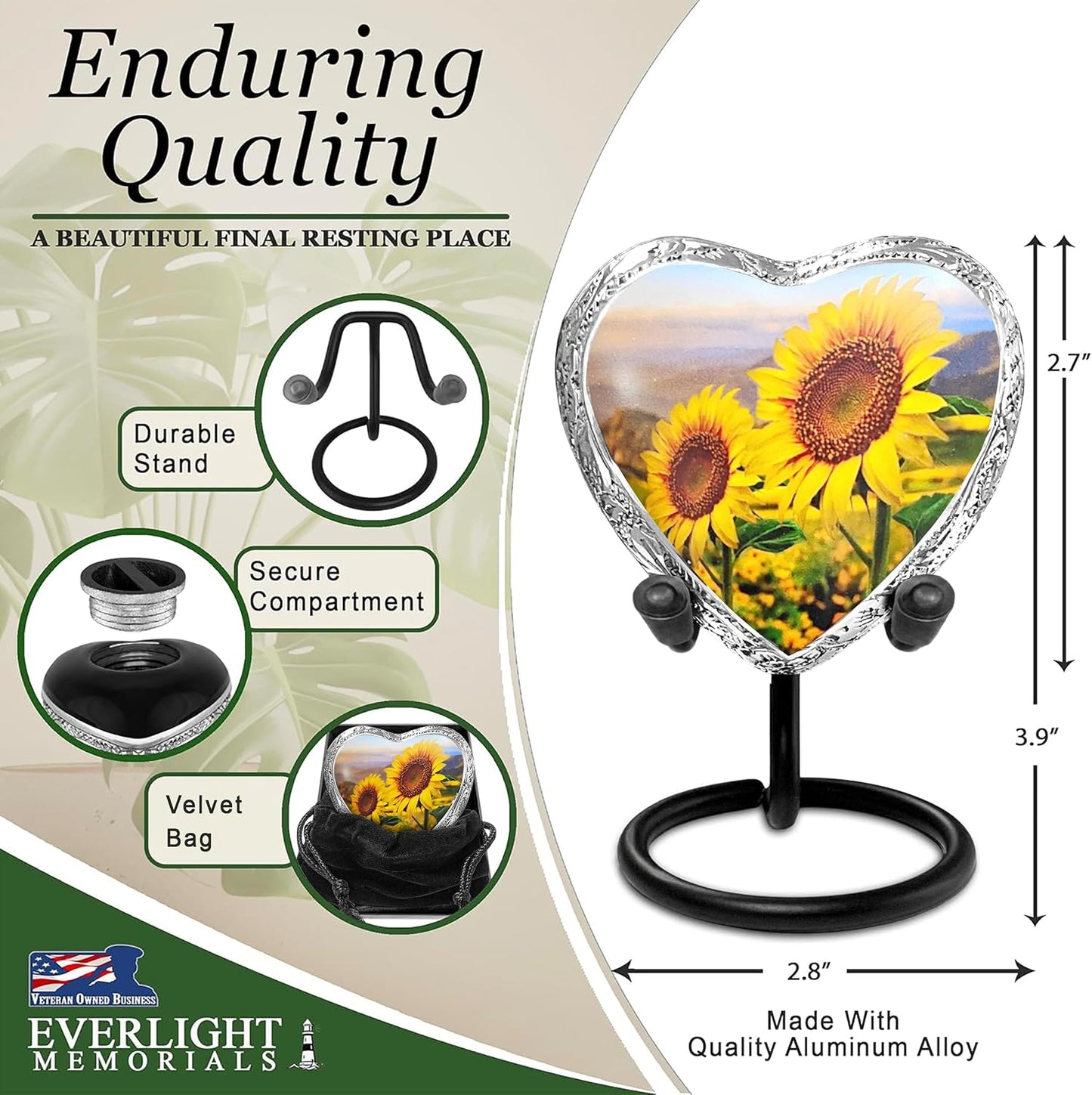Sunflower Heart Keepsake Urn for Human Ashes – Small Heart-Shaped Memorial Urn with Display Stand