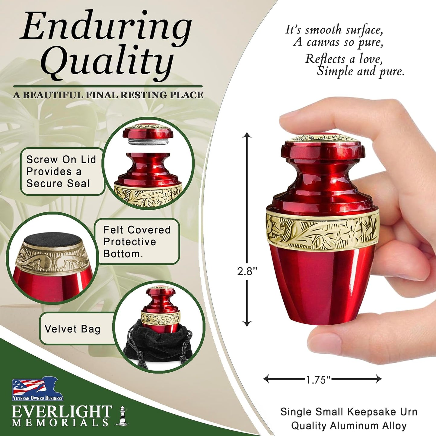 Classic Red Small Keepsake Urn — displayed beside framed photo of loved one on wooden surface