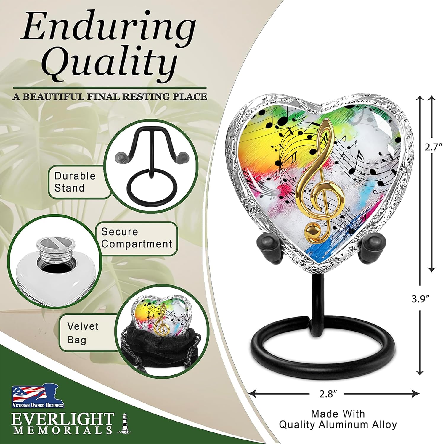 Musical notes heart keepsake urn enduring quality infographic showing durable stand secure compartment velvet bag and dimensions 2.7 inches tall 2.8 inches wide