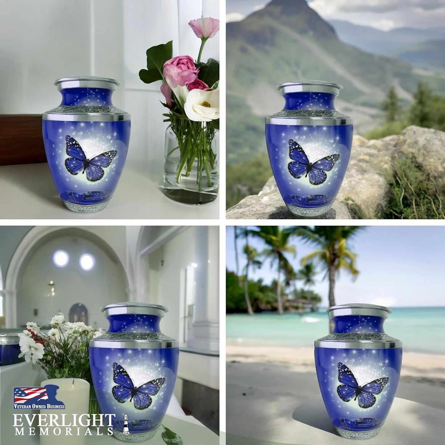 Dark Blue Butterfly Cremation Urn for Ashes, Large with Velvet Bag
