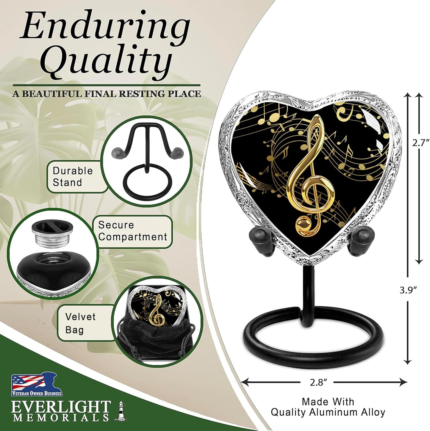 Musical notes black heart keepsake urn enduring quality infographic showing durable stand secure compartment velvet bag dimensions 2.7 inches tall 2.8 inches wide