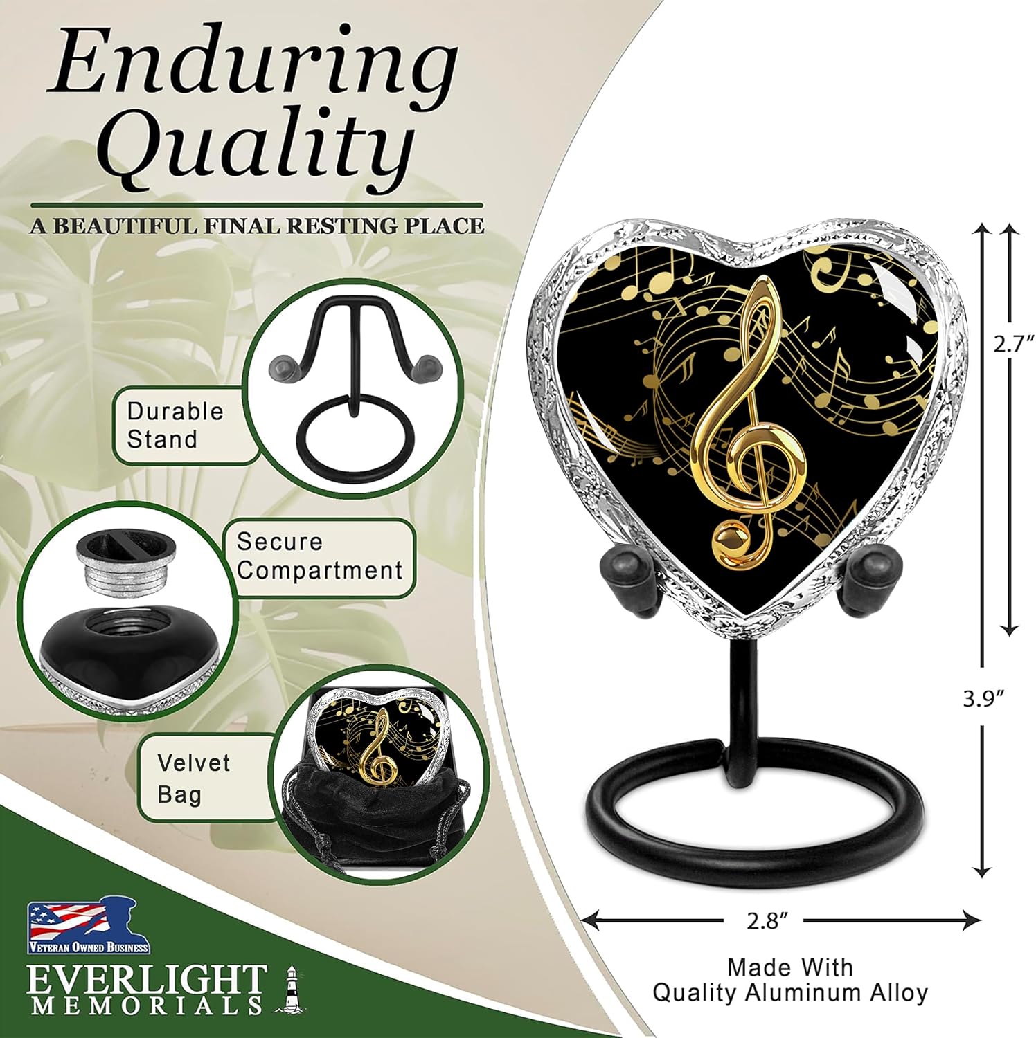 Musical notes black heart keepsake urn enduring quality infographic showing durable stand secure compartment velvet bag dimensions 2.7 inches tall 2.8 inches wide
