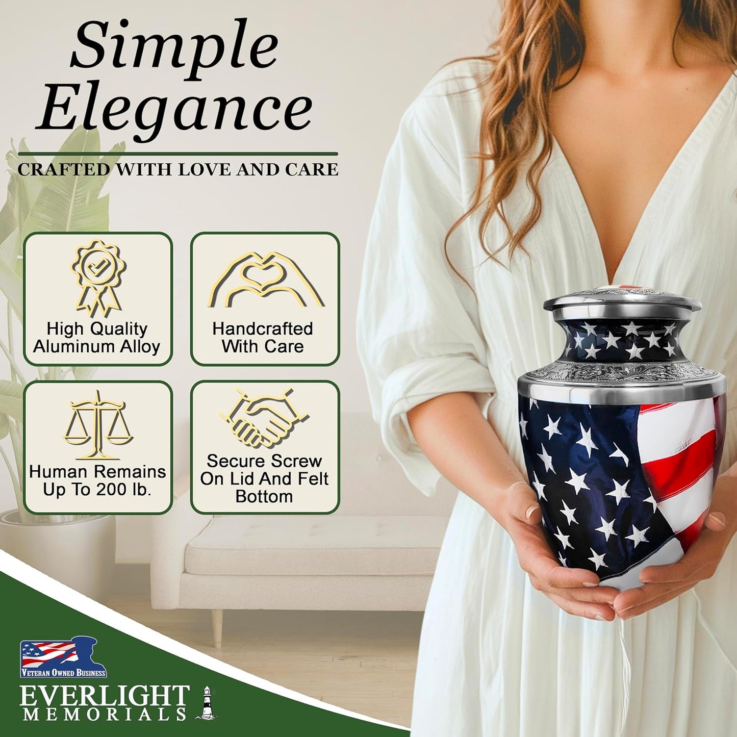 American Flag Cremation Urn for Human Ashes – Patriotic Memorial Urn for a Man or Woman – Honor a Life of Service and Love