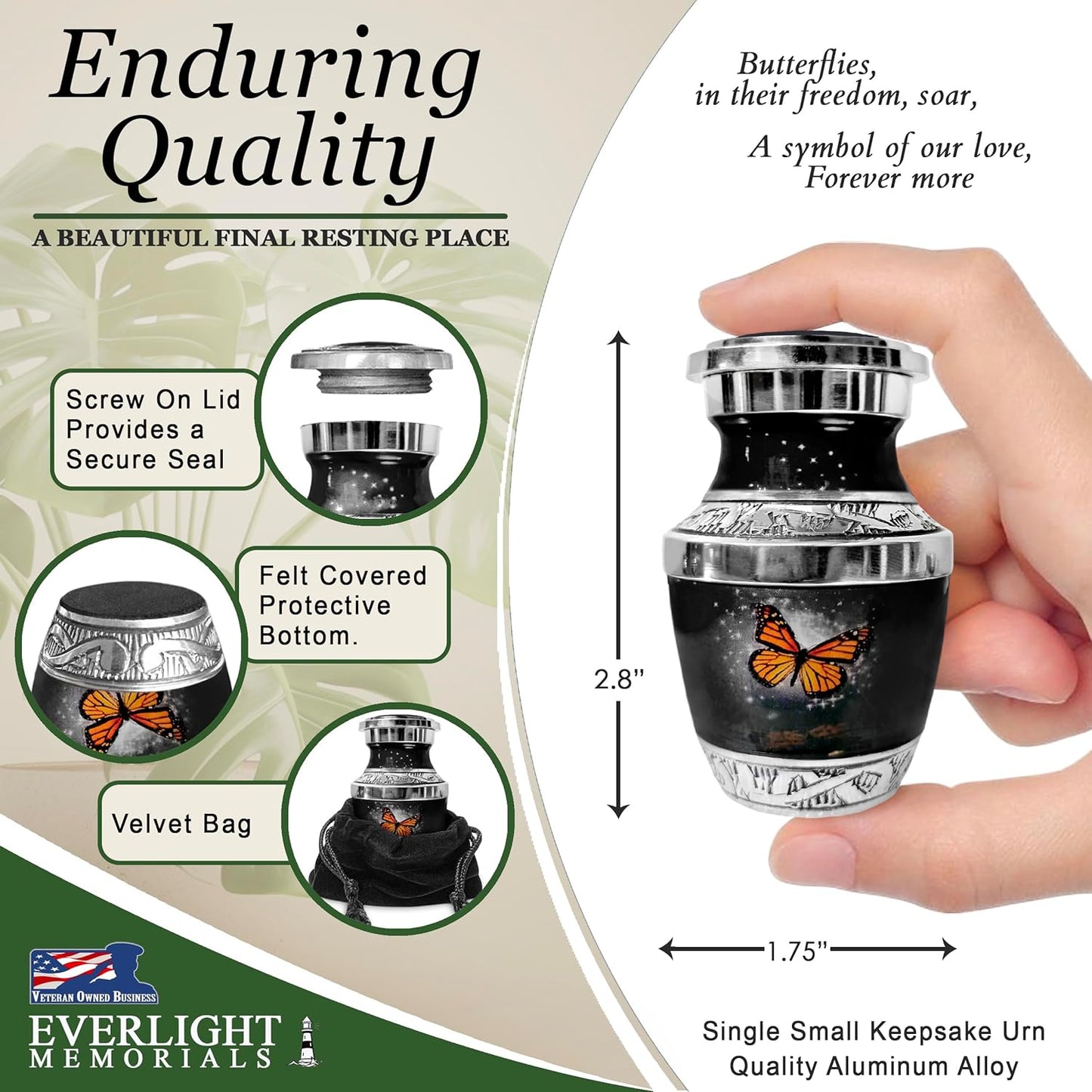 Small Keepsake Urn for Human Ashes - Black Butterfly