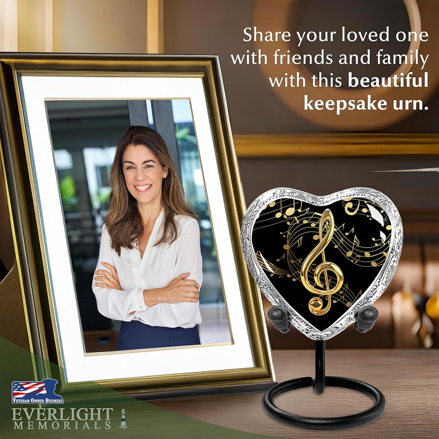 Black gold musical notes heart keepsake urn share your loved one with friends and family infographic with framed photo of woman