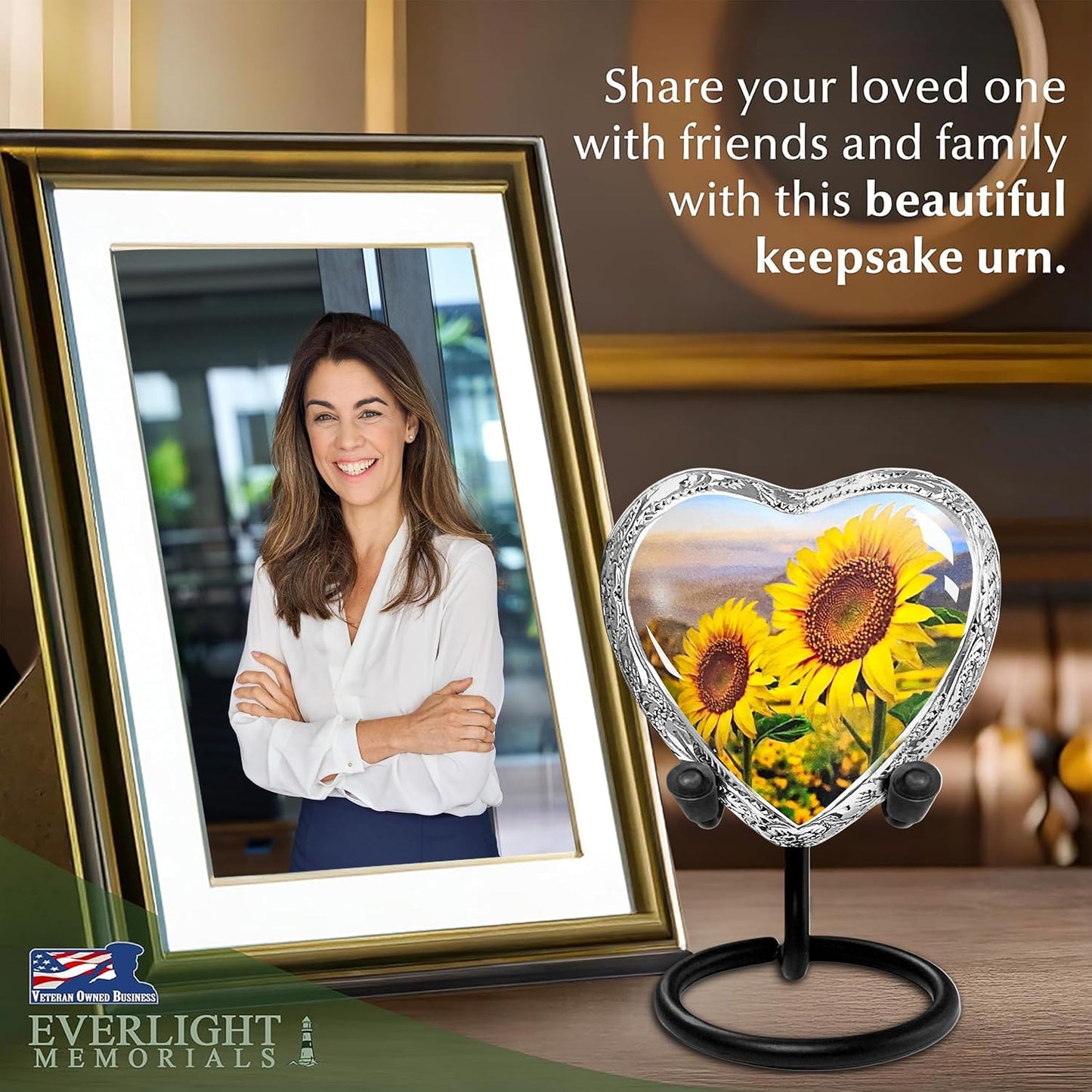Sunflower Heart Keepsake Urn for Human Ashes – Small Heart-Shaped Memorial Urn with Display Stand