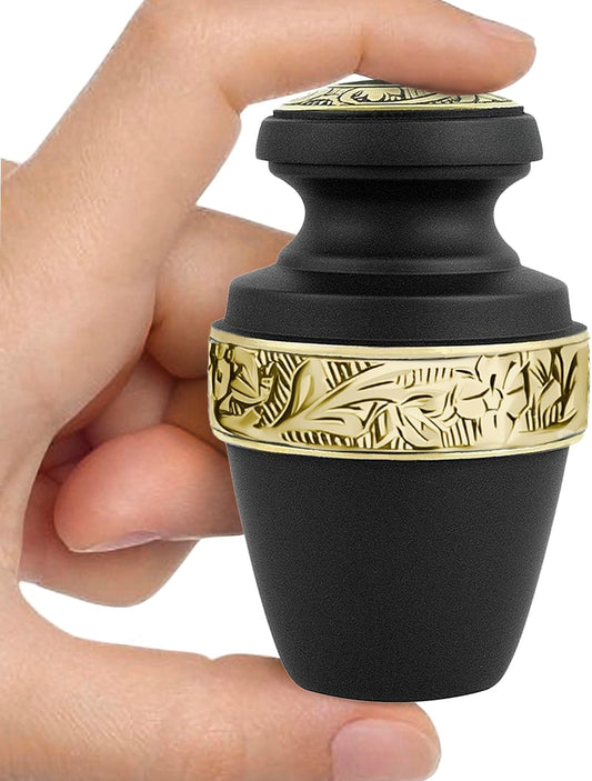 Classic Matte Black Small Keepsake Urn — close-up of matte black finish with gold engraved banding