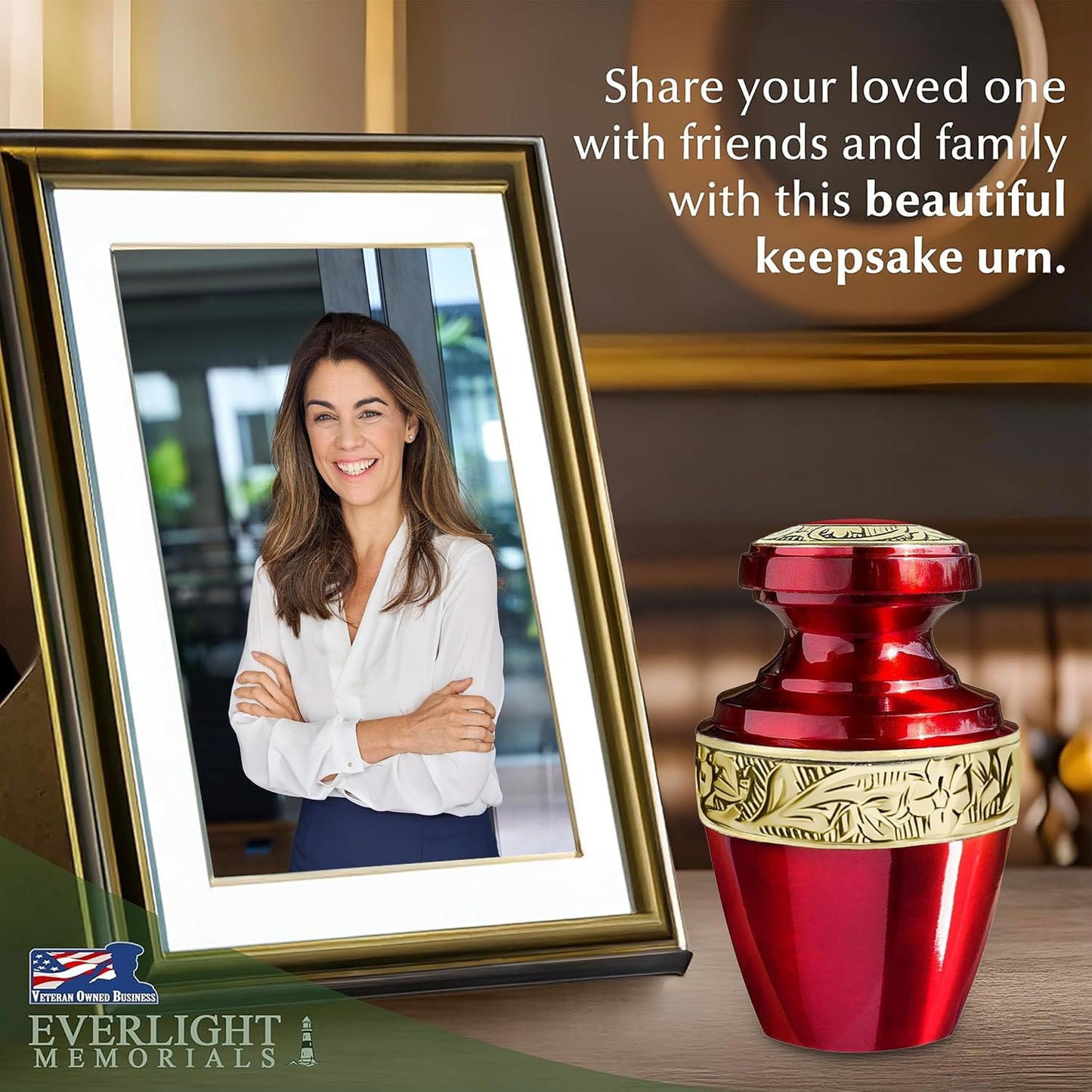Classic Red Small Keepsake Urn — lifestyle infographic showing simple elegance and veteran-owned quality
