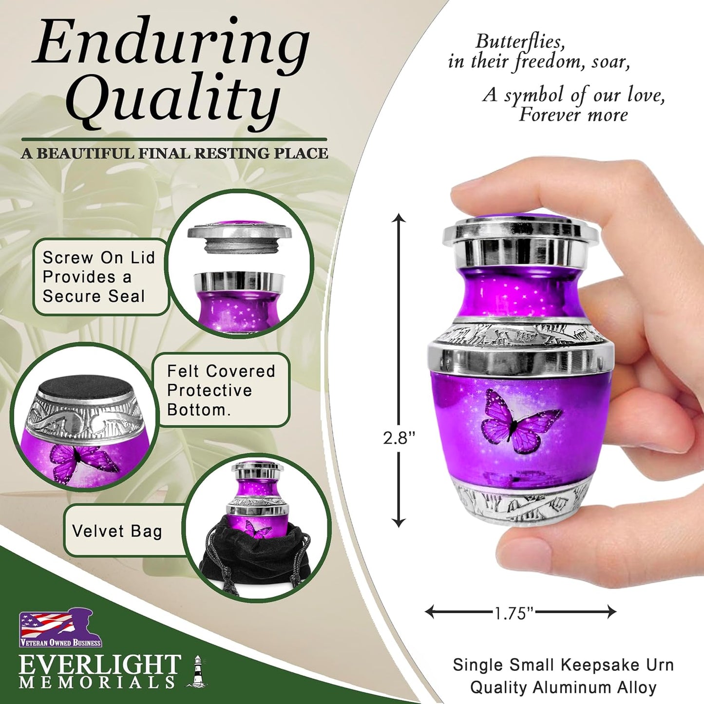 Small Keepsake Urn for Human Ashes - Purple Butterfly