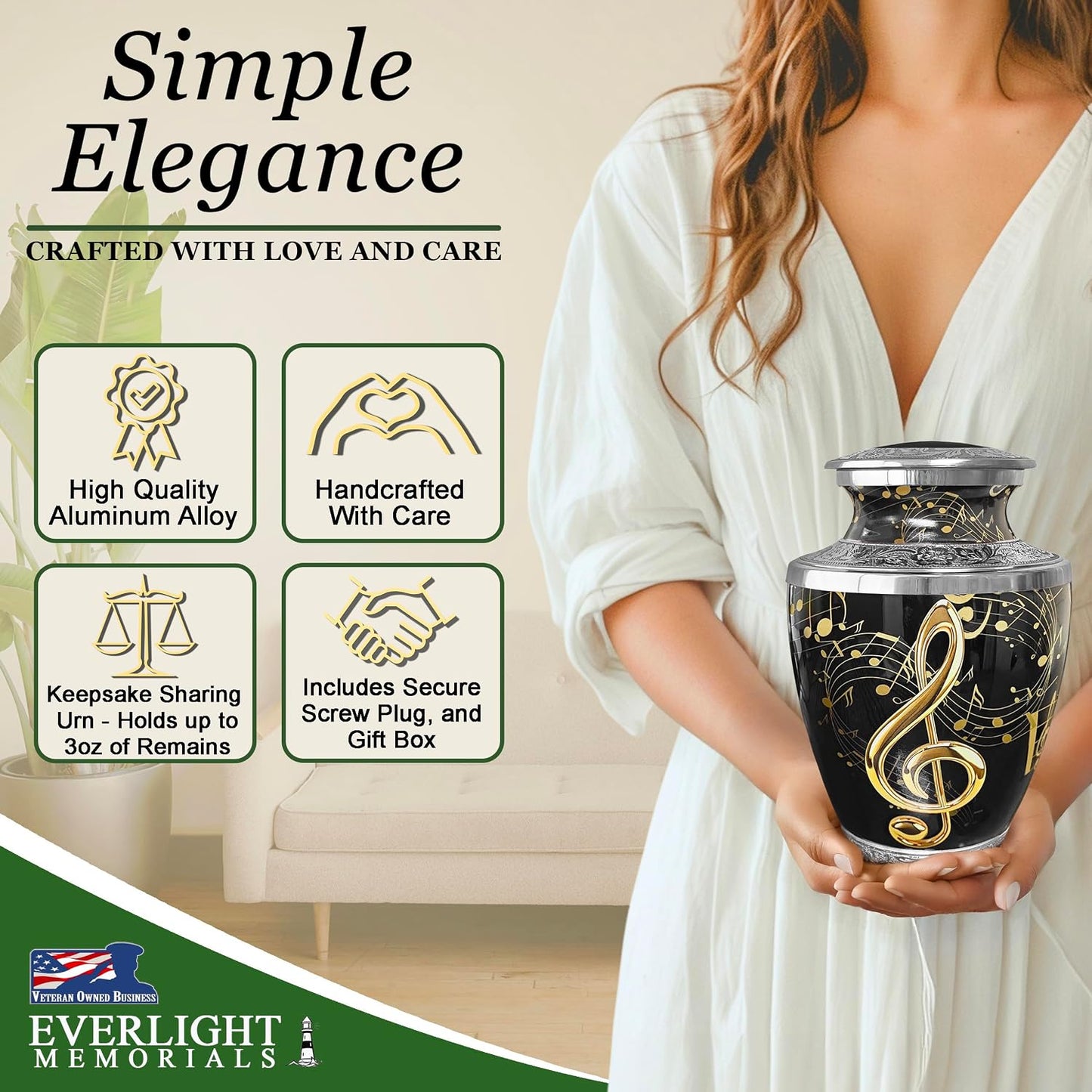 Musical notes cremation urn simple elegance infographic showing high quality aluminum alloy and handcrafted details