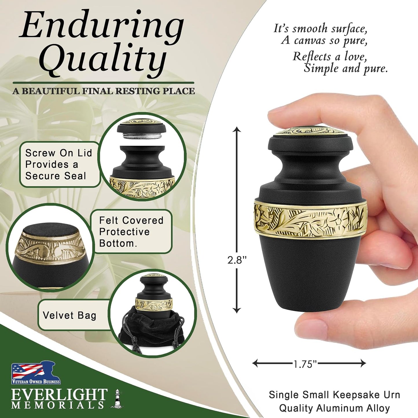 Classic Matte Black Small Keepsake Urn — size and feature infographic showing screw-top lid, felt bottom, and velvet bag