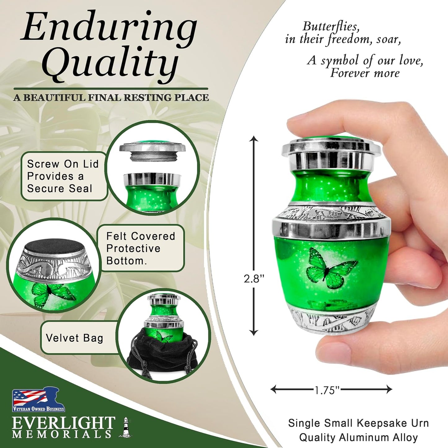 Small Keepsake Urn for Human Ashes - Green Butterfly