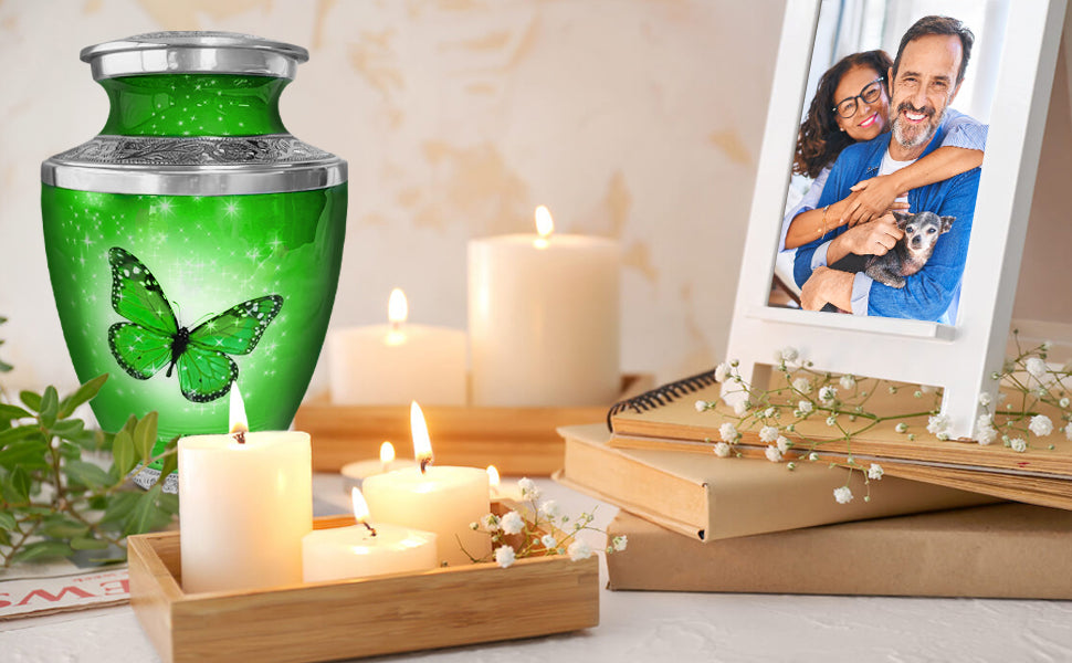 Green Butterfly Cremation Urn for Ashes, Large with Velvet Bag