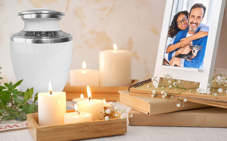 Grecian Classic White Adult Cremation Urn for Human Ashes, Large with Velvet Bag