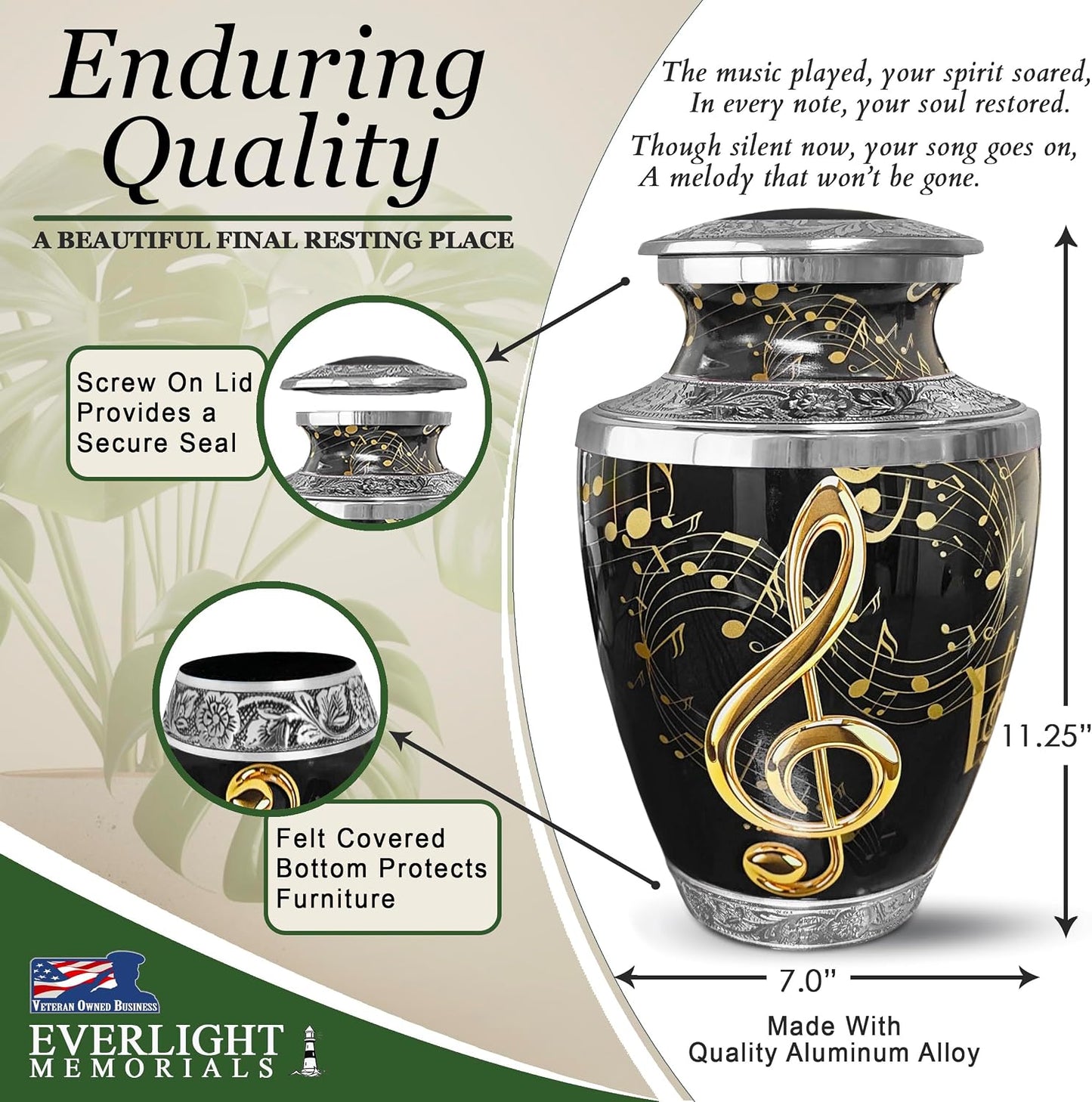 Musical notes cremation urn enduring quality infographic showing dimensions 11.25 inches tall and 7 inches wide