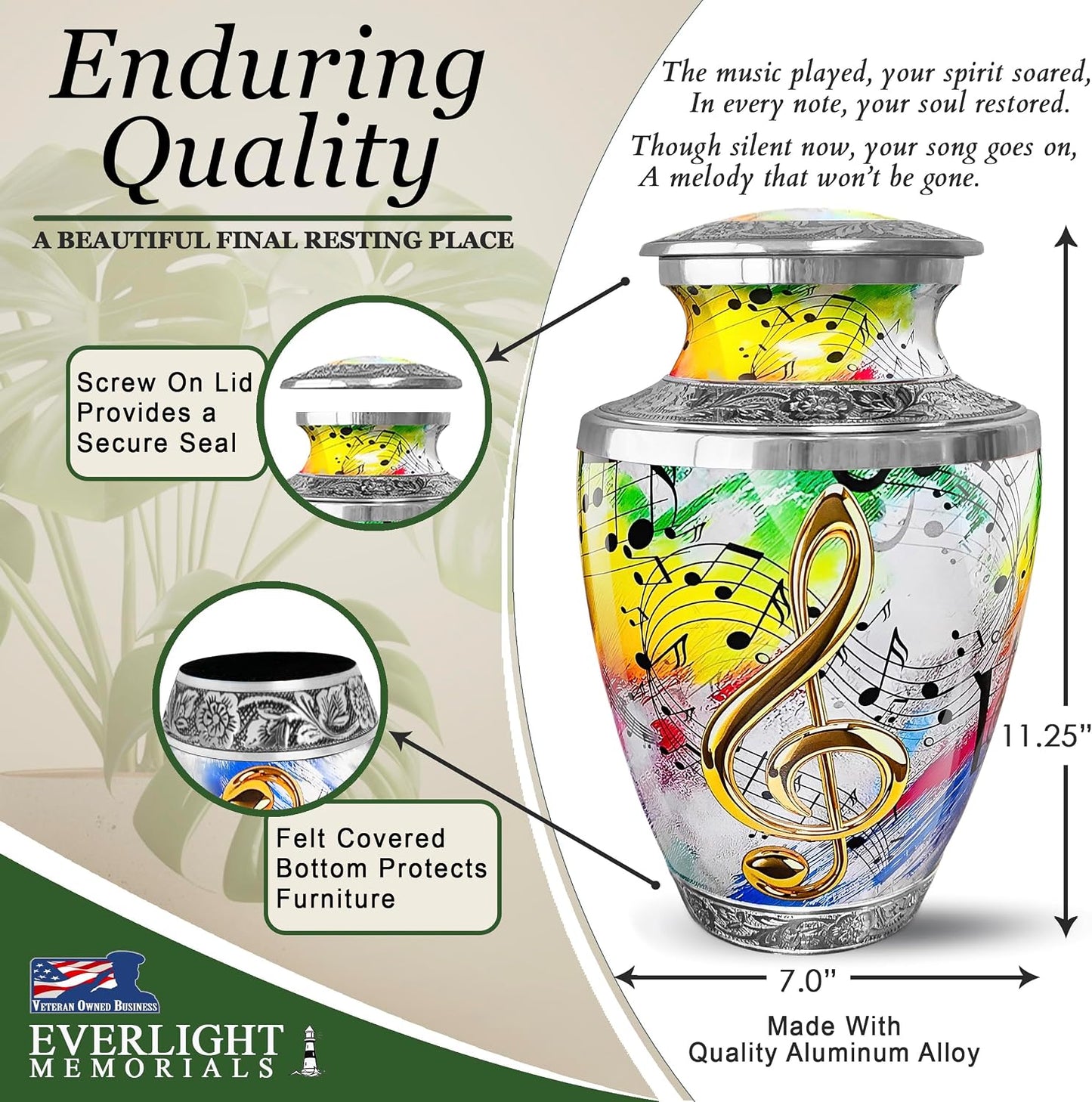 Musical notes white cremation urn simple elegance infographic showing high quality aluminum alloy and handcrafted details