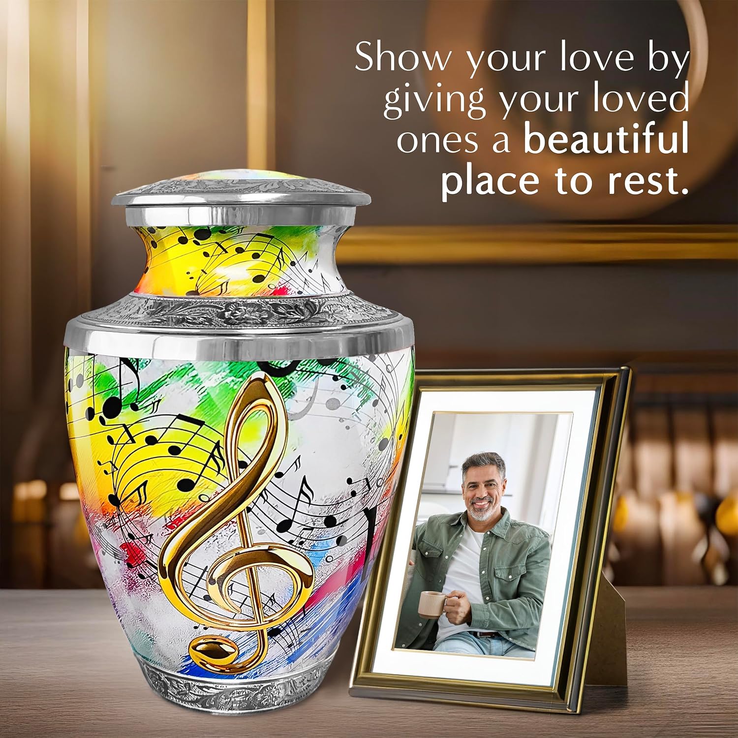 Musical notes white cremation urn held by woman in white dress showing keepsake sharing urn details