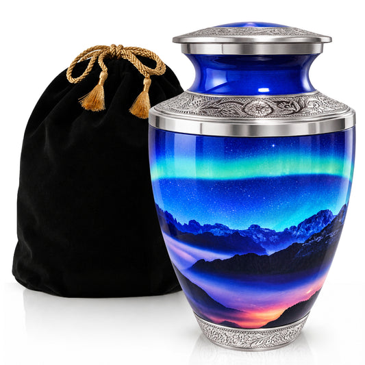 Aurora Borealis cremation urn for human ashes with velvet bag – large adult memorial urn featuring Northern Lights design