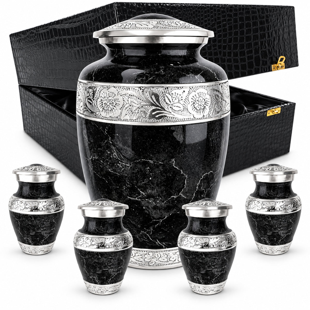 Black marble adult cremation urn with matching keepsake urns and black presentation box