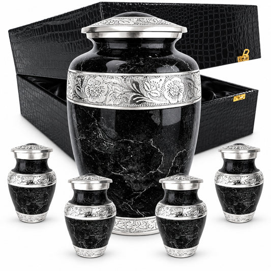 Black marble adult cremation urn with matching keepsake urns and black presentation box