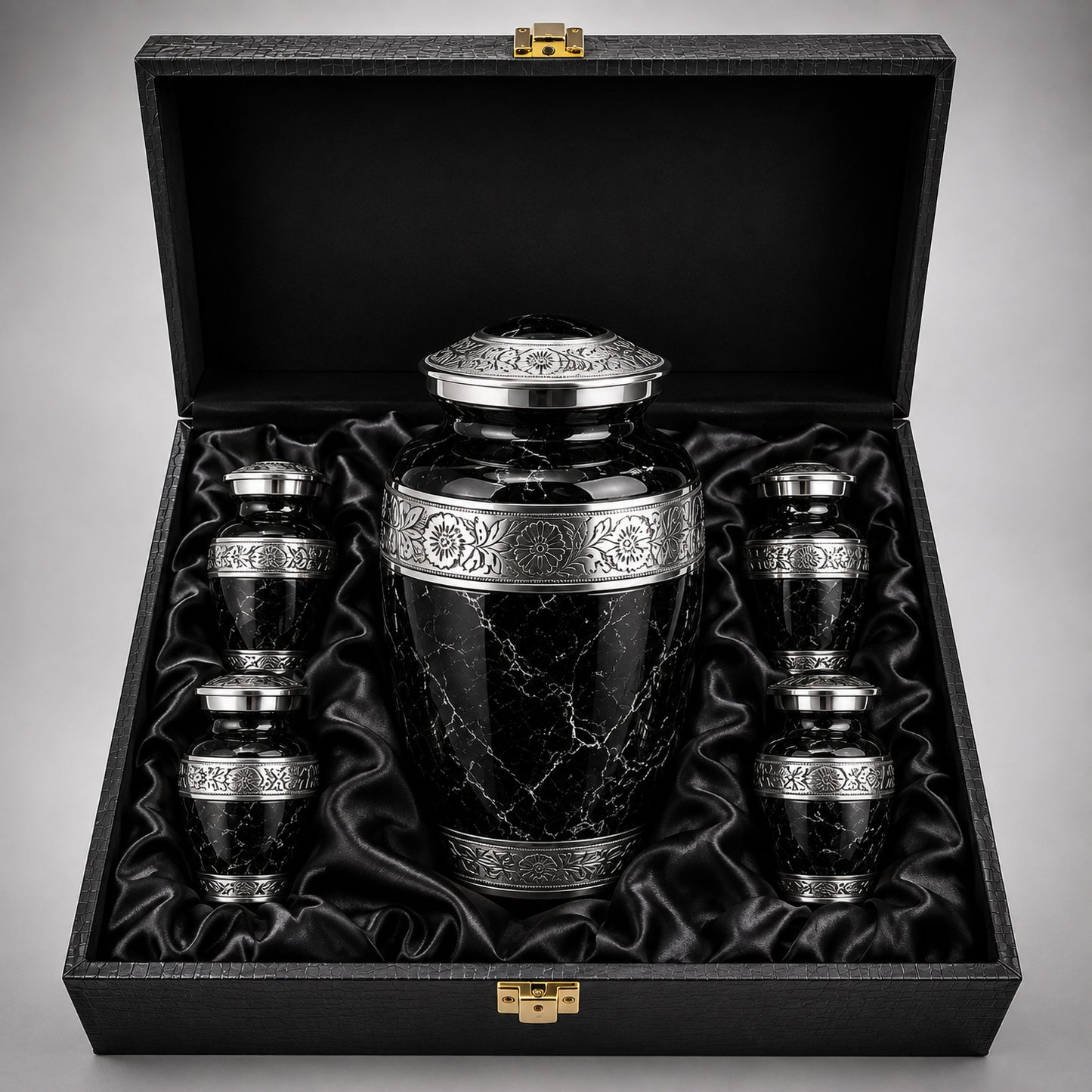 Black marble cremation urn set in elegant satin-lined storage case