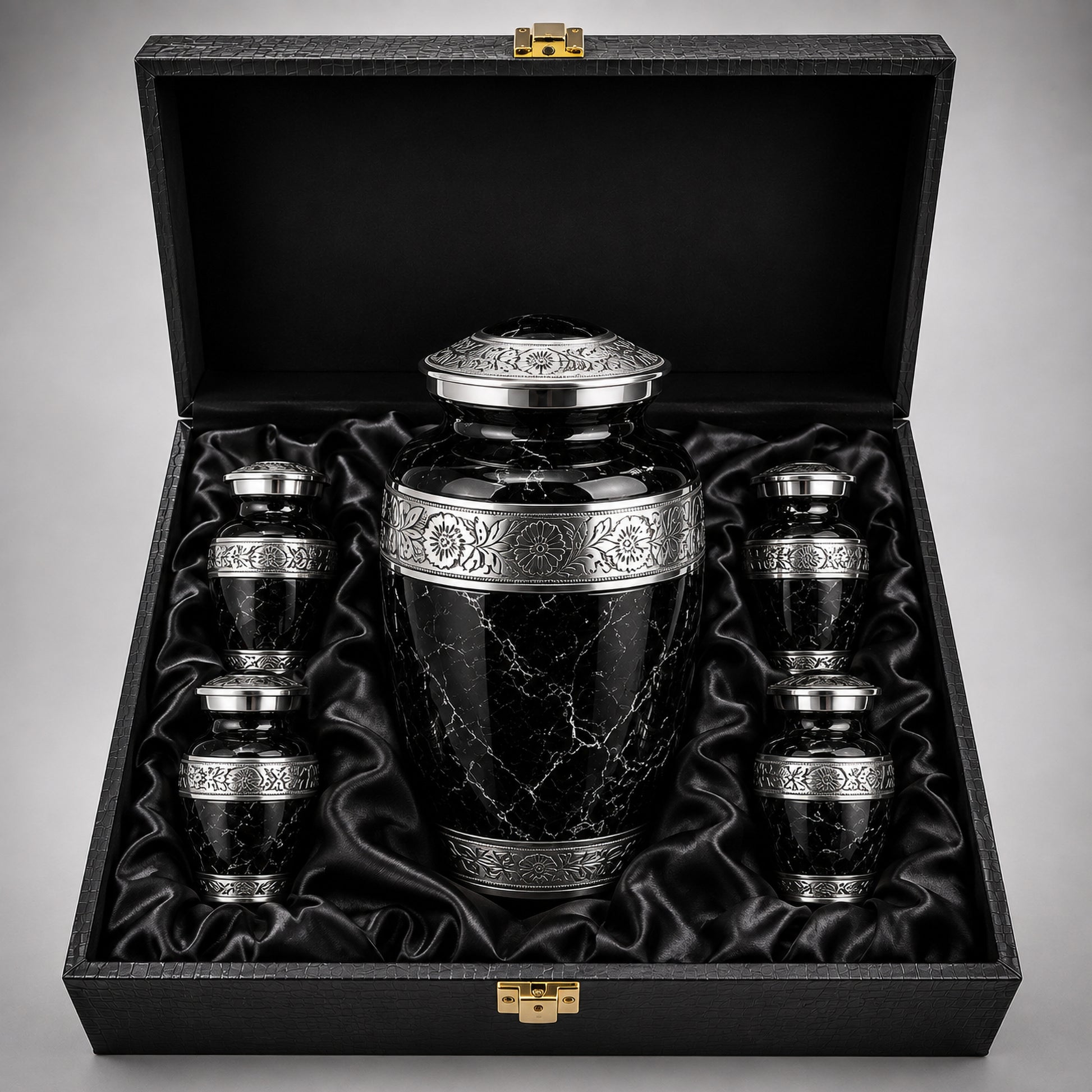 Black marble cremation urn set in elegant satin-lined storage case