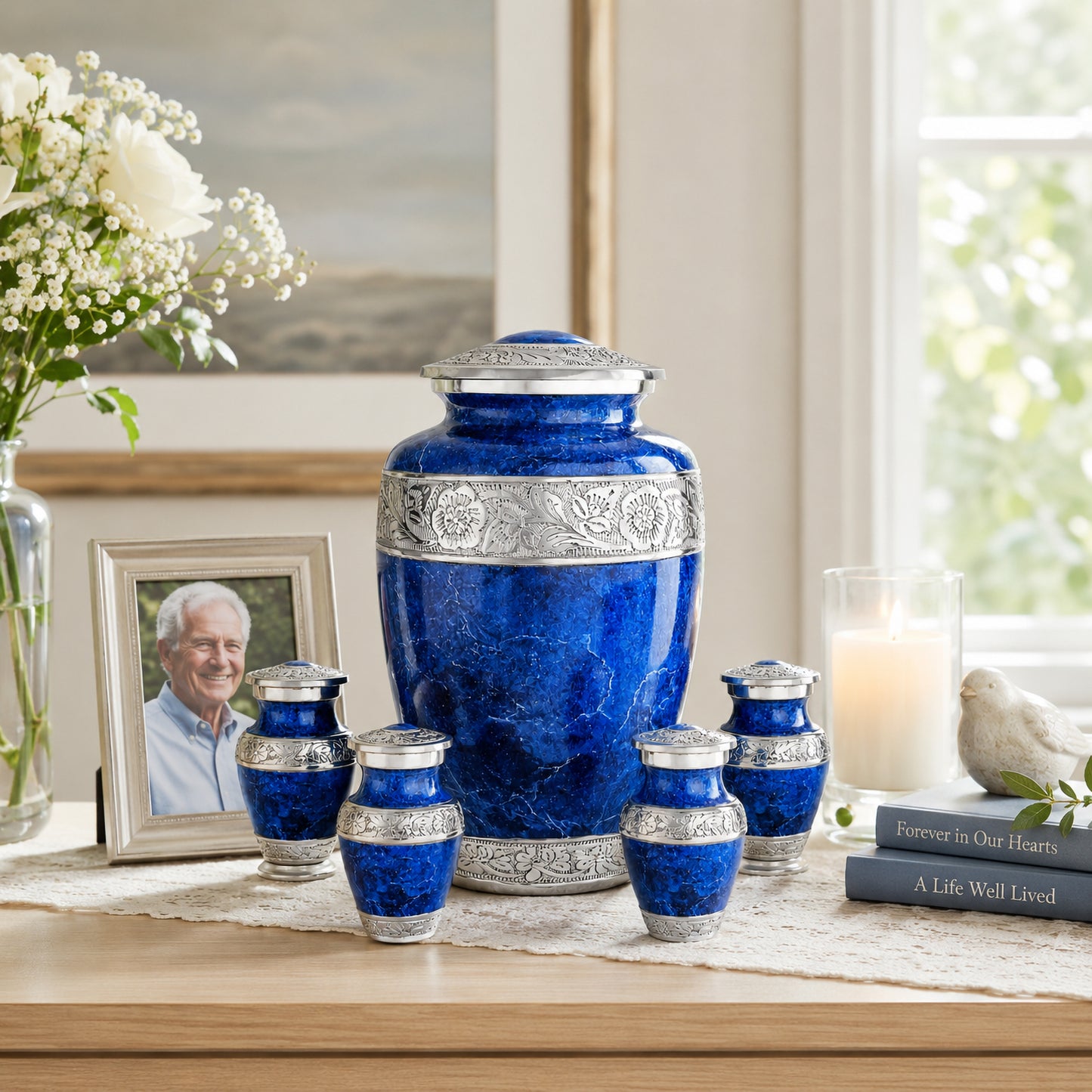 Blue Marble Cremation Urn Set for Human Ashes – Large Adult Memorial Urn with 4 Keepsake Urns, Family Sharing Urn Set, Tribute of Love and Remembrance