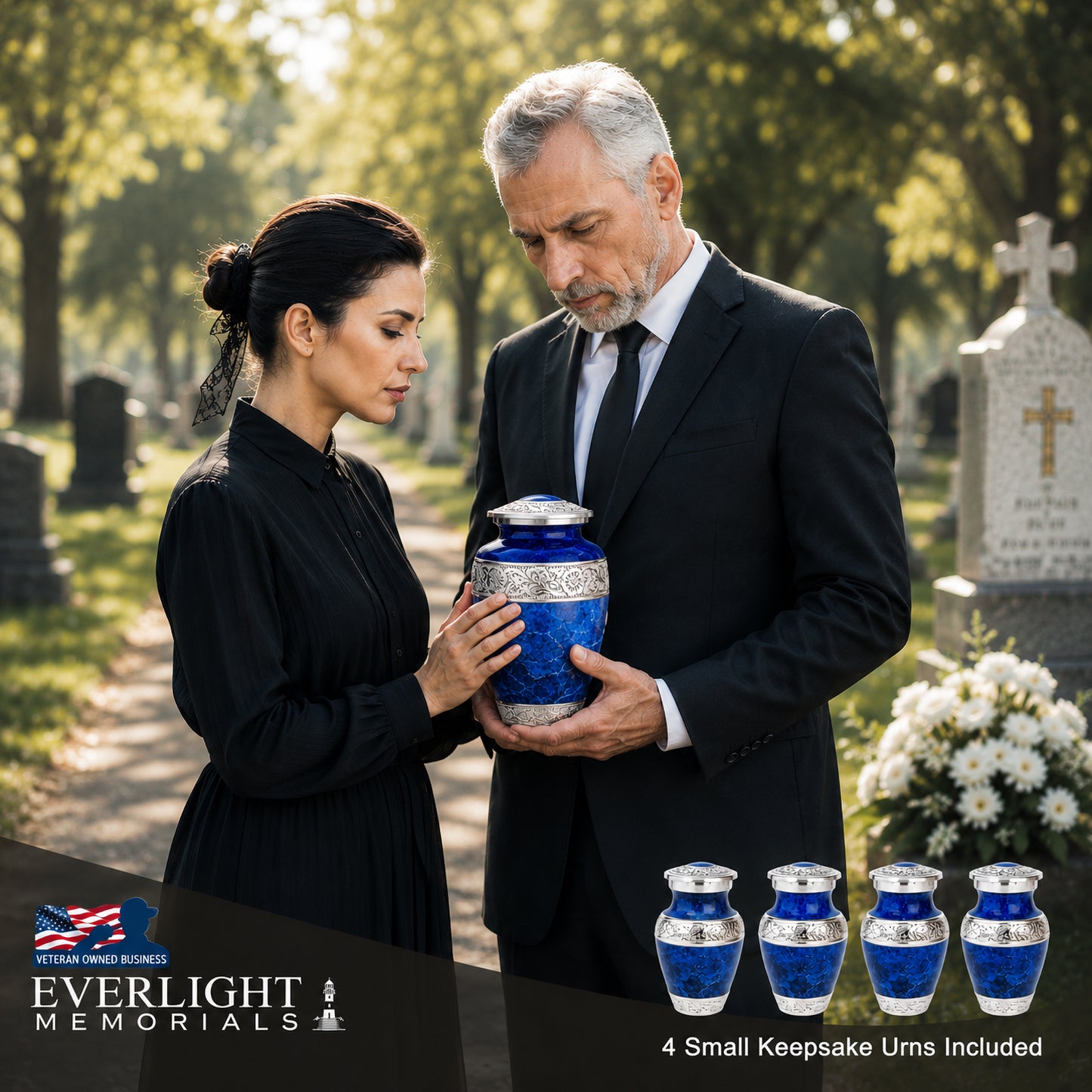 Blue Marble Cremation Urn Set for Human Ashes – Large Adult Memorial Urn with 4 Keepsake Urns, Family Sharing Urn Set, Tribute of Love and Remembrance