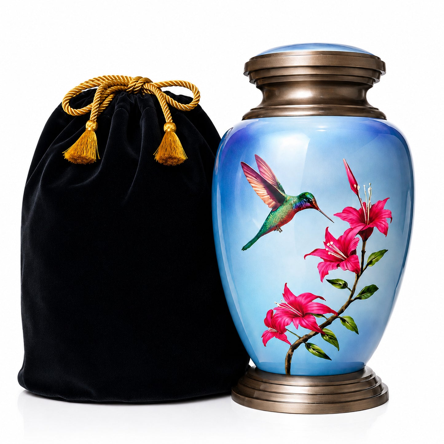 Blue Hummingbird Adult Cremation Urn — white background with black velvet bag