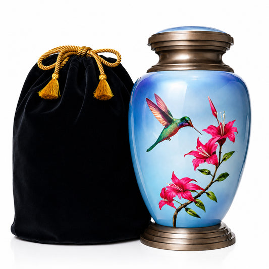 Blue Hummingbird Adult Cremation Urn — white background with black velvet bag