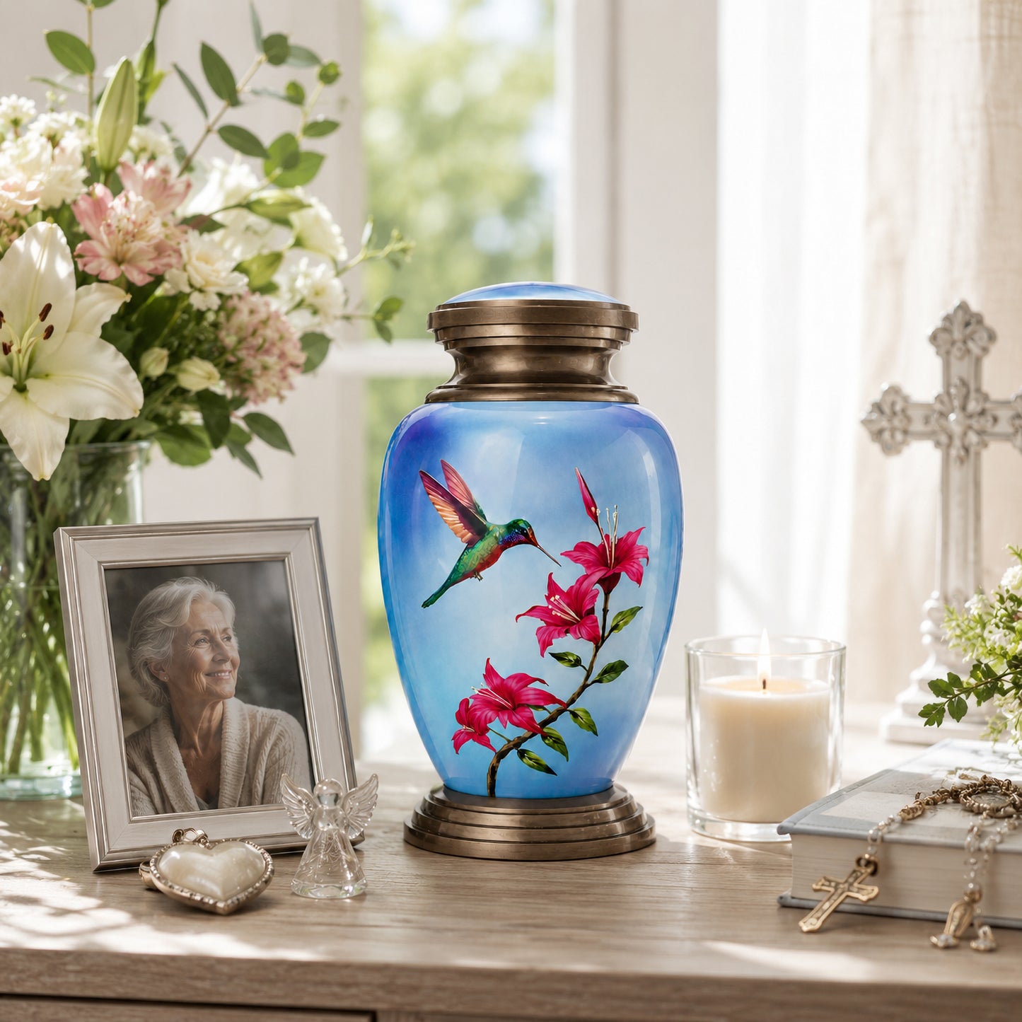 Blue Hummingbird Adult Cremation Urn — lifestyle display on table with candle and flowers