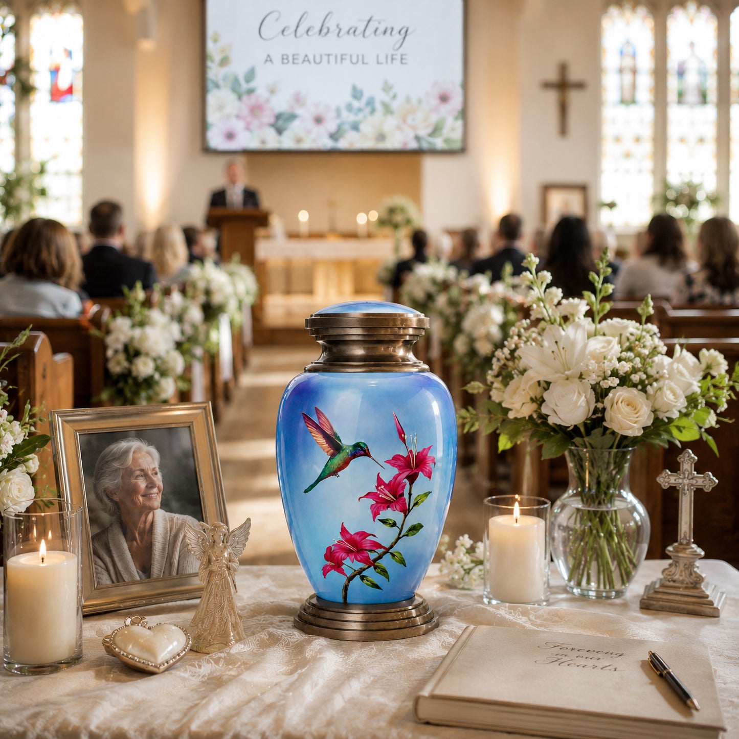 Blue Hummingbird Adult Cremation Urn — church memorial service with family and flowers