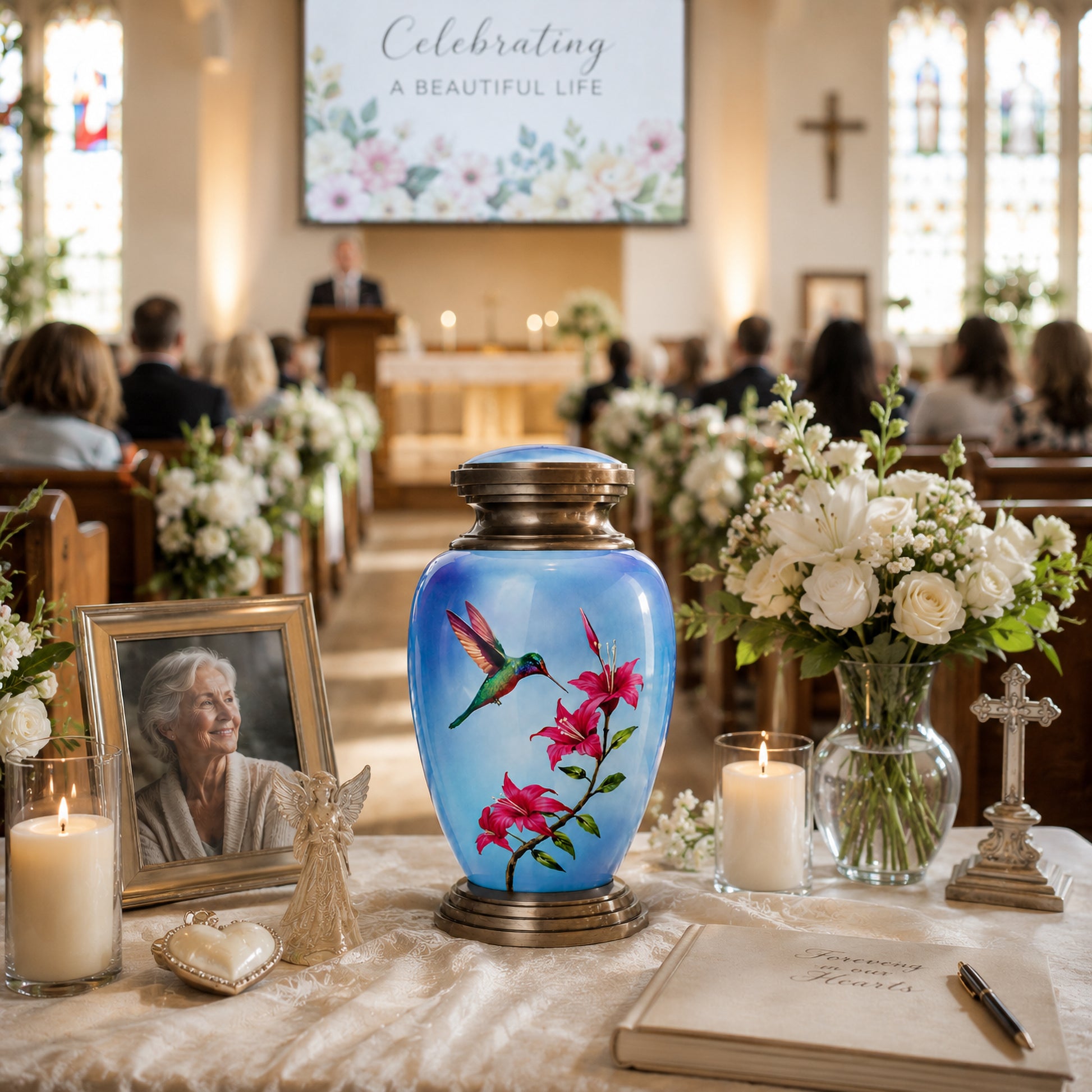 Blue Hummingbird Adult Cremation Urn — church memorial service with family and flowers