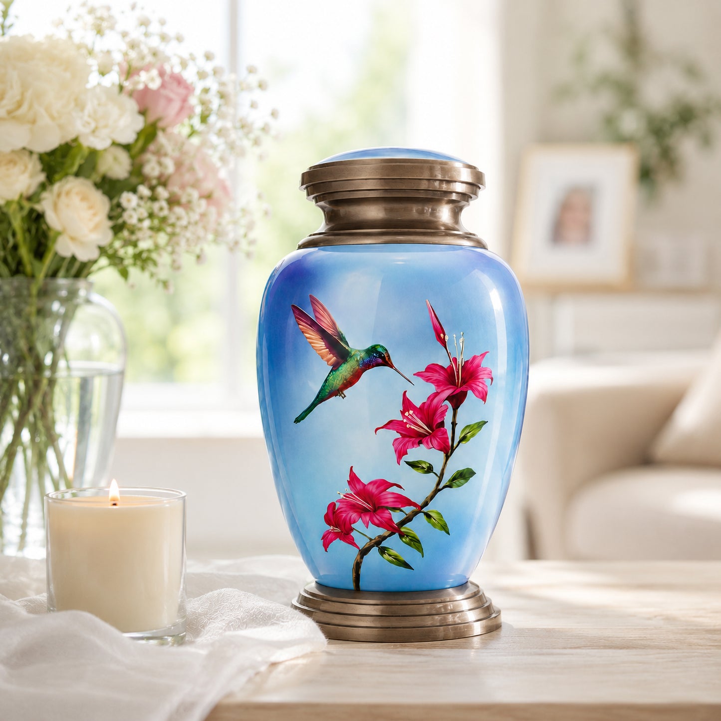 Blue Hummingbird Adult Cremation Urn — home display with framed photo, angel figurine and rosary