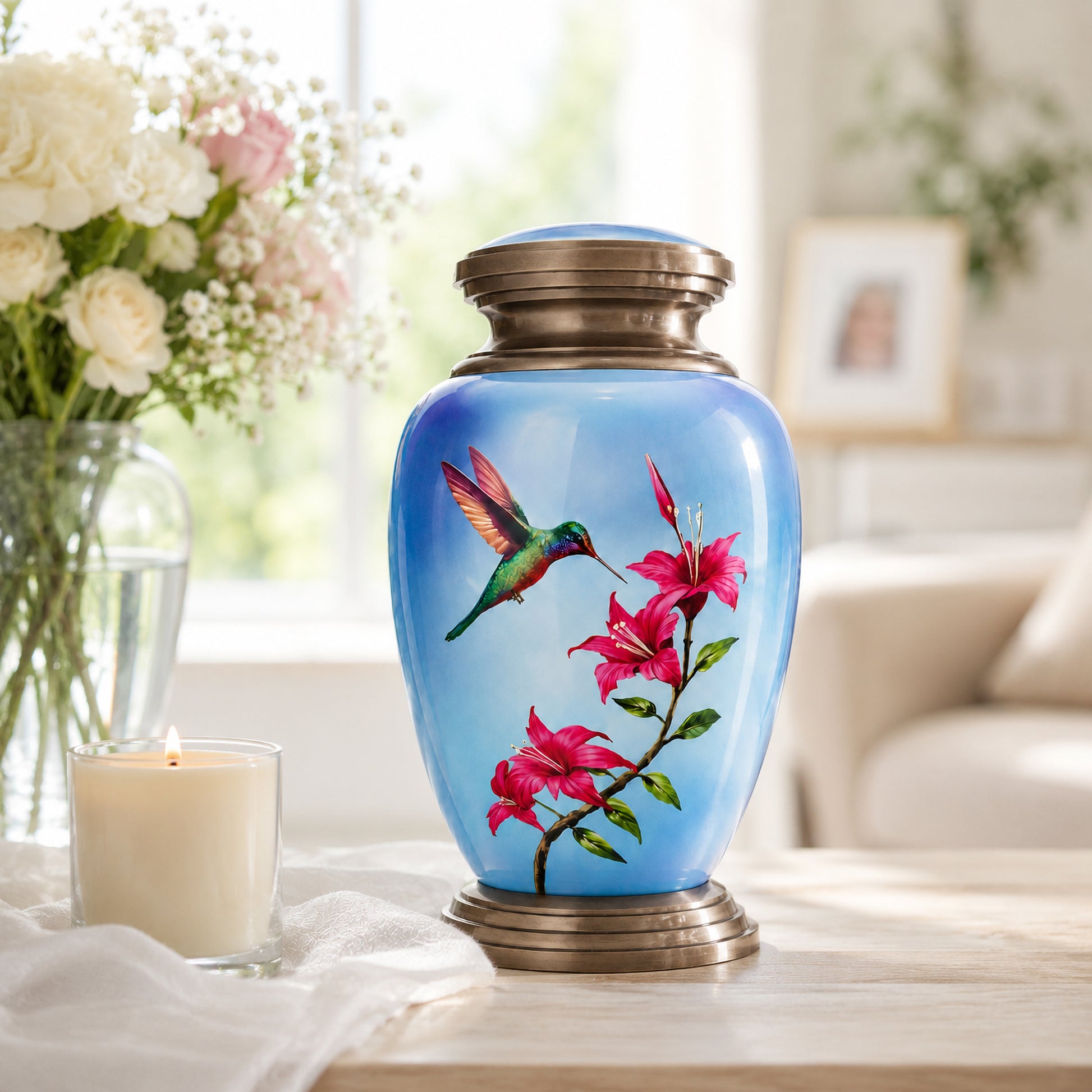 Blue Hummingbird Adult Cremation Urn — home display with framed photo, angel figurine and rosary