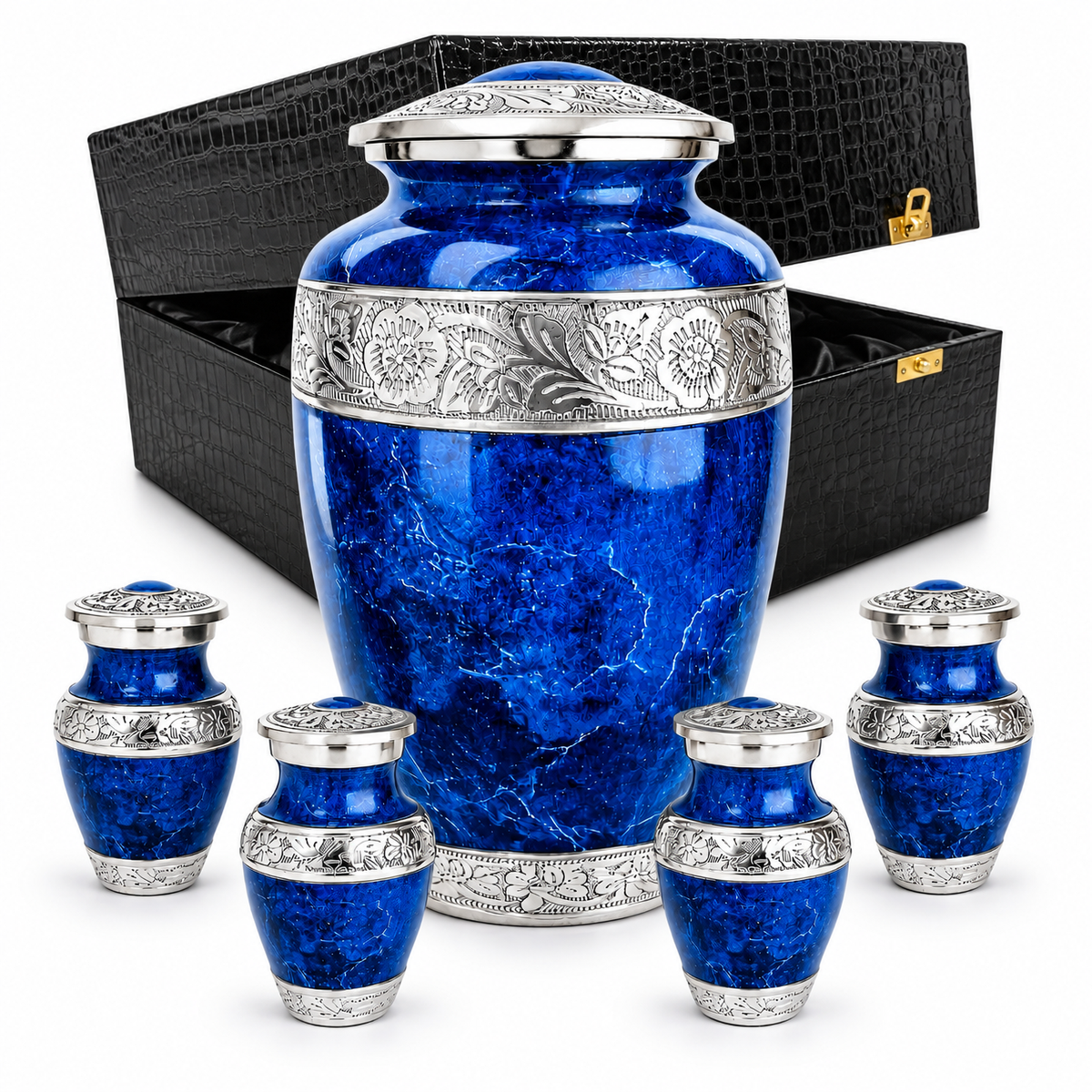 Blue marble adult cremation urn with matching keepsake urns and black presentation box