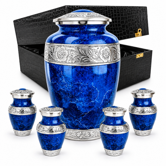 Blue marble adult cremation urn with matching keepsake urns and black presentation box