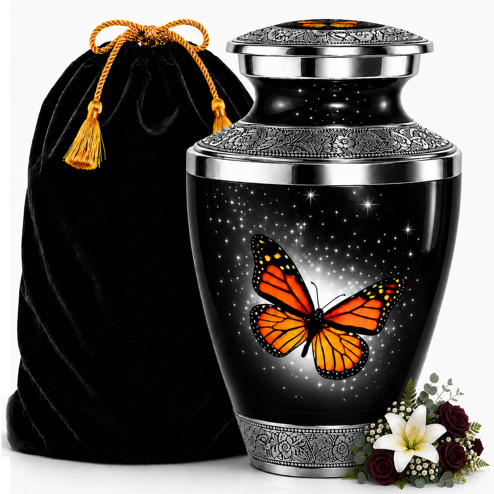 Black Monarch Butterfly Cremation Urn for Human Ashes with black velvet bag and flowers — large adult memorial urn