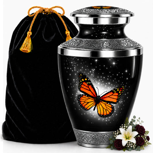 Black Monarch Butterfly Cremation Urn for Human Ashes with black velvet bag and flowers — large adult memorial urn