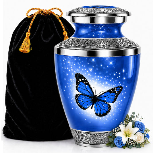 Dark Blue Butterfly Cremation Urn for Human Ashes with black velvet bag and blue flowers — large adult memorial urn