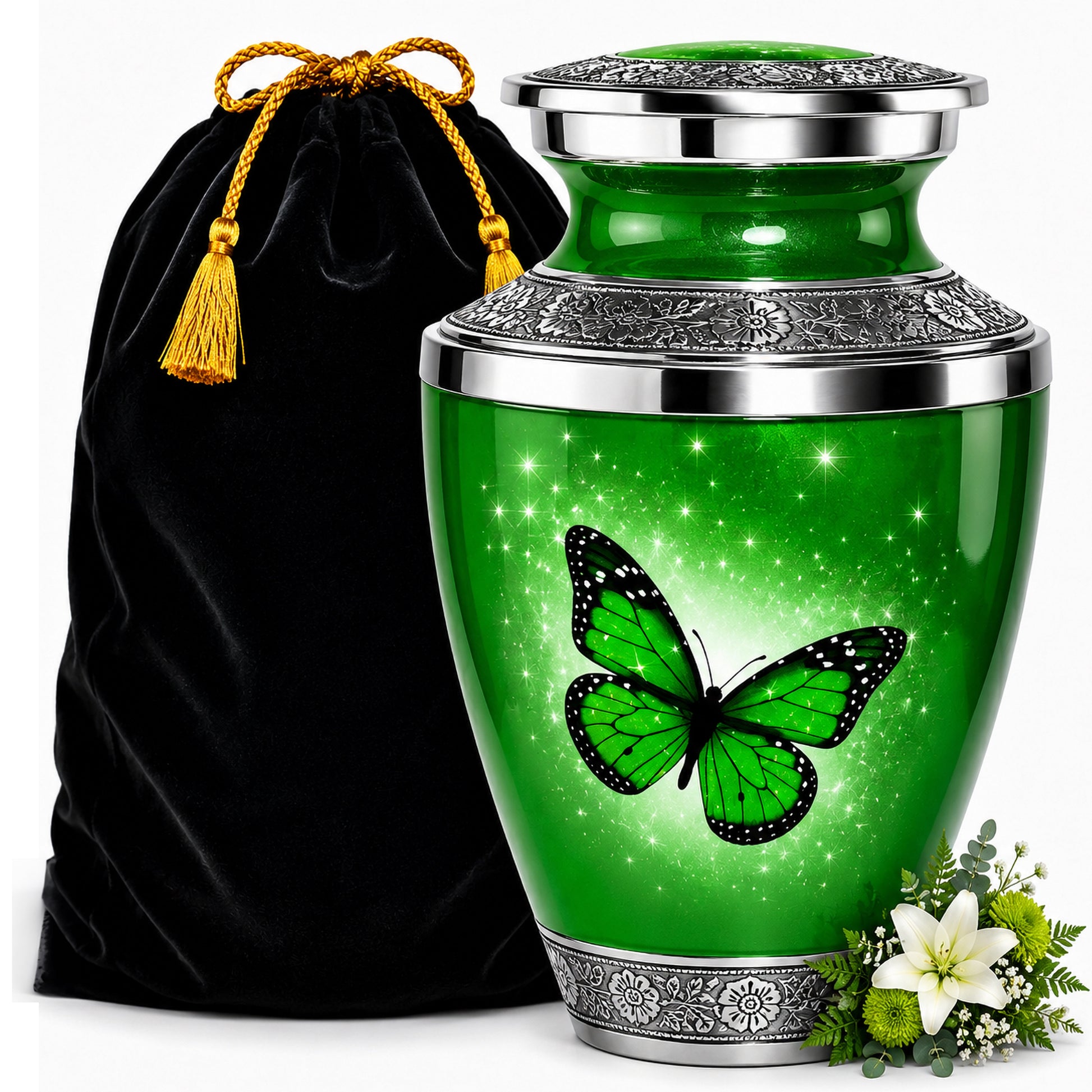 Green Butterfly Cremation Urn for Human Ashes with black velvet bag and green flowers — large adult memorial urn