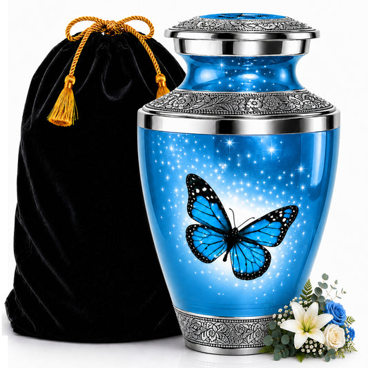 Light Blue Butterfly Cremation Urn for Human Ashes with black velvet bag and blue flowers — large adult memorial urn